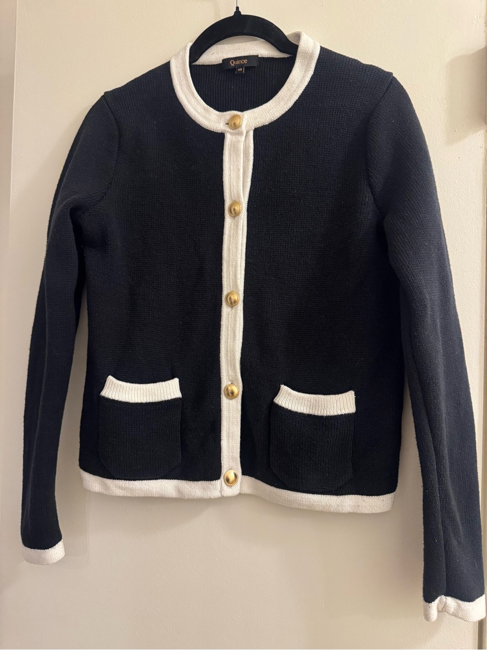 Quince 100% Organic Cotton Sweater Jacket Black/Ivory Colorblock XS